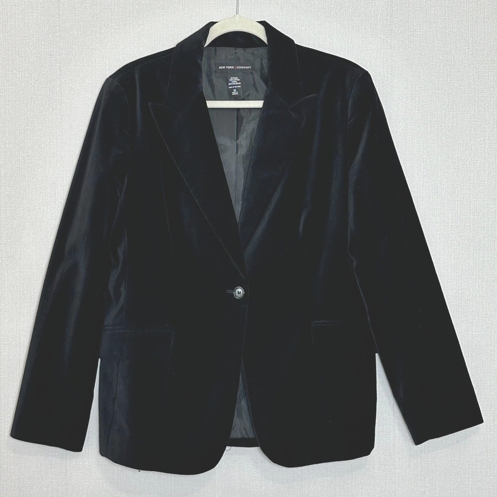 New York & Company Womens Black Velvet Single Button Blazer Jacket Size 16